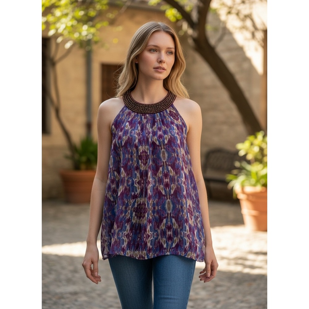 Jaclyn Smith Womens Purple Ikat Beaded Neckline Sleeveless Chiffon Blouse XL